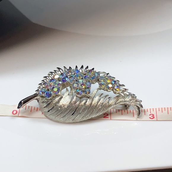 Vintage Coro Silver and AB Rhinestone Leaf Brooch